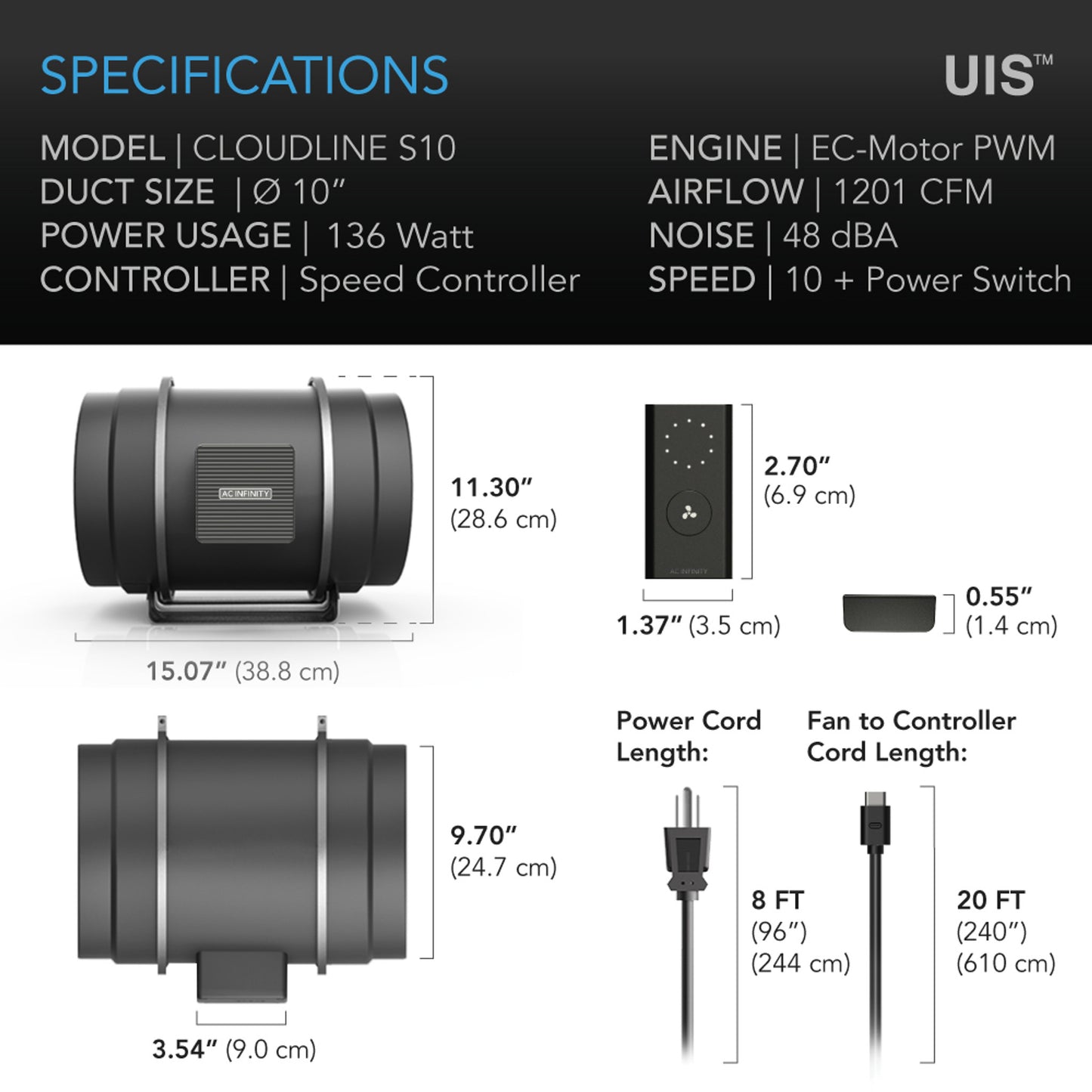 CLOUDLINE PRO S10, QUIET INLINE DUCT FAN SYSTEM WITH SPEED CONTROLLER, 10-INCH