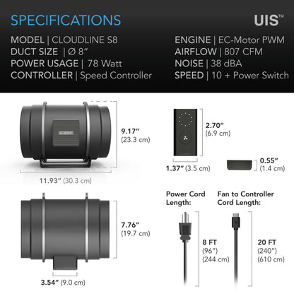 CLOUDLINE PRO S8, QUIET INLINE DUCT FAN SYSTEM WITH SPEED CONTROLLER, 8-INCH