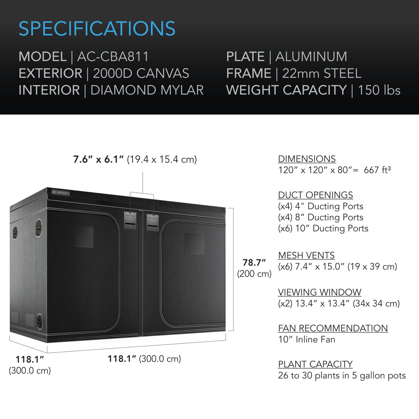 CLOUDLAB 811, ADVANCE GROW TENT 10X10, 2000D DIAMOND MYLAR CANVAS, 120" X 120" X 80" AC Infinty