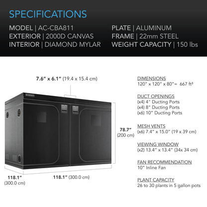 CLOUDLAB 811, ADVANCE GROW TENT 10X10, 2000D DIAMOND MYLAR CANVAS, 120" X 120" X 80" AC Infinty