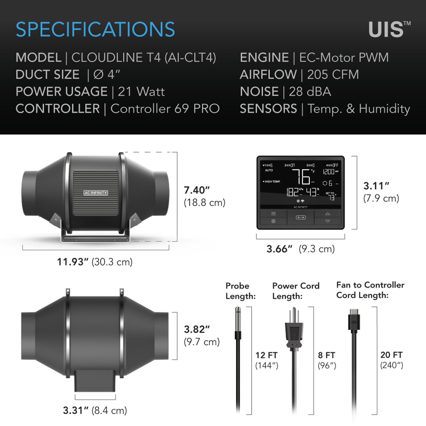 CLOUDLINE PRO T4, QUIET INLINE DUCT FAN SYSTEM WITH TEMPERATURE HUMIDITY VPD CONTROLLER, 4-INCH