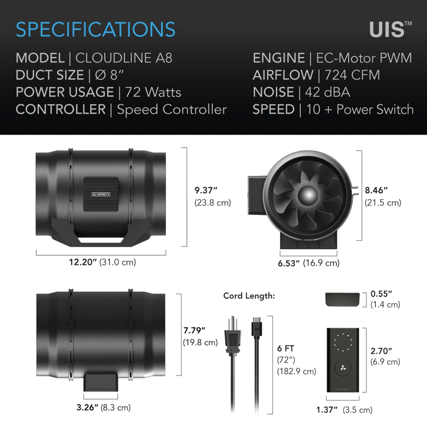 CLOUDLINE A8, QUIET INLINE FAN WITH SPEED CONTROLLER, 8-INCH