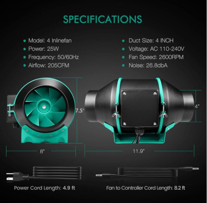 4 INCH INLINE FAN AND CARBON FILTER COMBO WITH THERMOSTAT CONTROLLER