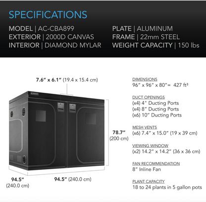 CLOUDLAB 899, ADVANCE GROW TENT 8X8, 2000D DIAMOND MYLAR CANVAS, 96" X 96" X 80"