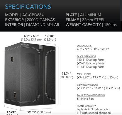CLOUDLAB 864D, 2-IN-1 ADVANCE GROW TENT 5X4, 2000D MYLAR CANVAS, 60" X 48" X 80"