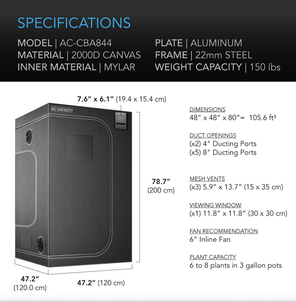 CLOUDLAB 844, ADVANCE GROW TENT 4X4, 2000D DIAMOND MYLAR CANVAS, 48" X 48" X 80"